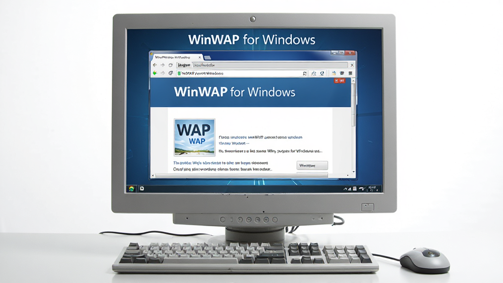 主体:一台运行WinWAP for Windows的Windows电脑,屏幕上显示WAP网页界面。布局:电脑居中,屏幕内容清晰可见,周围留白。排版:屏幕显示简洁的浏览器窗口,包含地址栏和网页内容。风格:现代科技风,界面干净。细节:电脑键盘和鼠标可见,屏幕上有“WinWAP for Windows”字样。画质:高清,干净,无多余元素。
