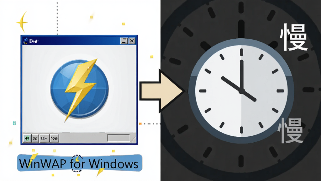 主体:一幅对比图,左边是WinWAP for Windows的闪电启动界面,右边是其他浏览器缓慢加载的时钟图标。布局:左右对比,中间有箭头指示。排版:简洁明了,突出速度差异。风格:扁平化插画风格。细节:左边有“WinWAP for Windows”标签,右边有“慢”字。画质:清晰,干净,无多余元素。
