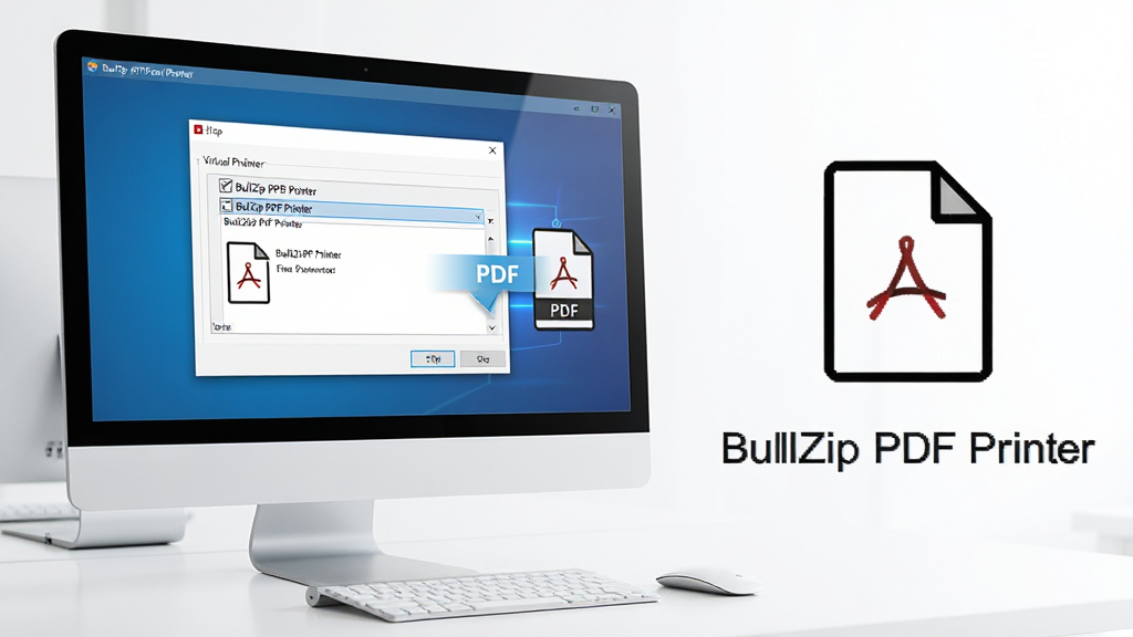 主体:一台现代电脑屏幕上显示“BullZip PDF Printer”虚拟打印机的操作界面,旁边有一个PDF文件图标正在生成。布局:电脑位于画面中央偏左,右侧留白展示PDF文件图标与“BullZip PDF Printer”字样。排版:简洁清晰,电脑屏幕与PDF图标形成视觉焦点。风格:科技感、专业、明亮。细节:屏幕中可以看到“打印”对话框,选中“BullZip PDF Printer”,文件正在转换。画质:高清,干净,无多余元素。