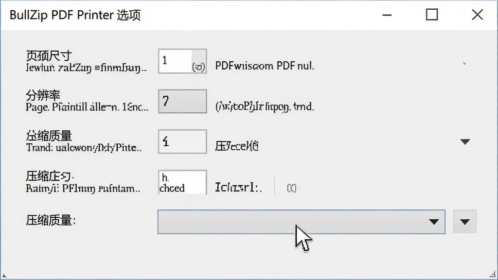 主体:一个设置面板界面,展示BullZip PDF Printer的输出选项,包括页面尺寸、分辨率、压缩质量等。布局:设置面板位于画面中央,各个选项清晰排列,鼠标光标指向“压缩质量”下拉菜单。排版:规整有序,选项列表从上到下依次排列。风格:清爽的浅灰色界面,专业感强。细节:设置面板标题为“BullZip PDF Printer 选项”,每个选项旁有简短说明。画质:高清,干净,无多余元素。