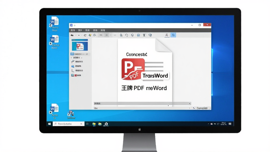 一张展示王牌PDF转Word软件运行在Windows桌面上的实拍图,电脑屏幕中显示软件界面,桌面上有转换完成的Word文档图标,整体画面明亮清晰,强调软件易用性和稳定性,画质干净无多余元素。
