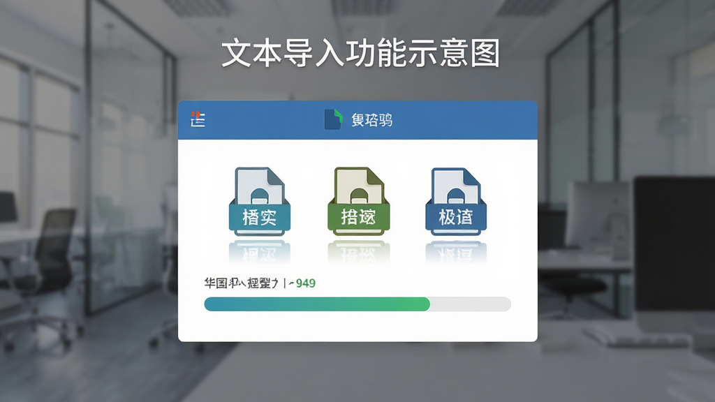 文本导入功能示意图,主体为文件拖拽窗口,布局居中,排版简洁,风格商务,细节显示文件格式图标与导入进度条,画质高清,无多余元素