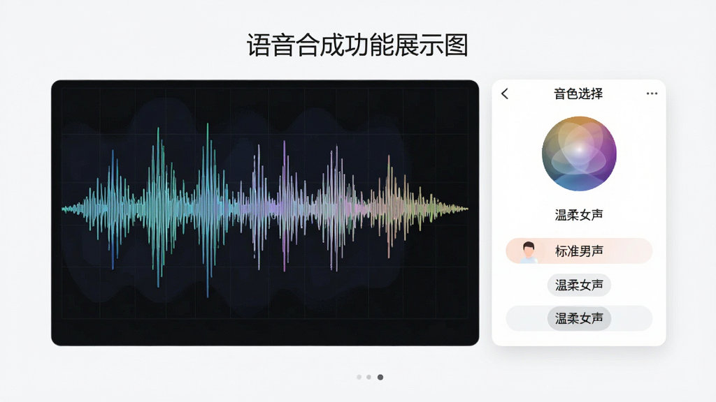 语音合成功能展示图,主体为波形图与音色选择界面,布局居中,排版清晰,风格简洁明了,细节包含不同音色标签如“标准男声”“温柔女声”,画质高清,干净无多余元素