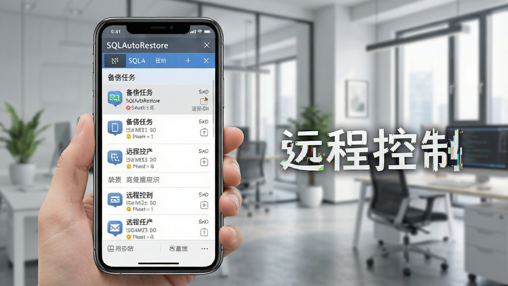 一张展示SQLAutoRestore软件在手机端远程控制界面的截图,手机屏幕显示备份任务列表,背景为现代办公环境,风格写实,文字标注