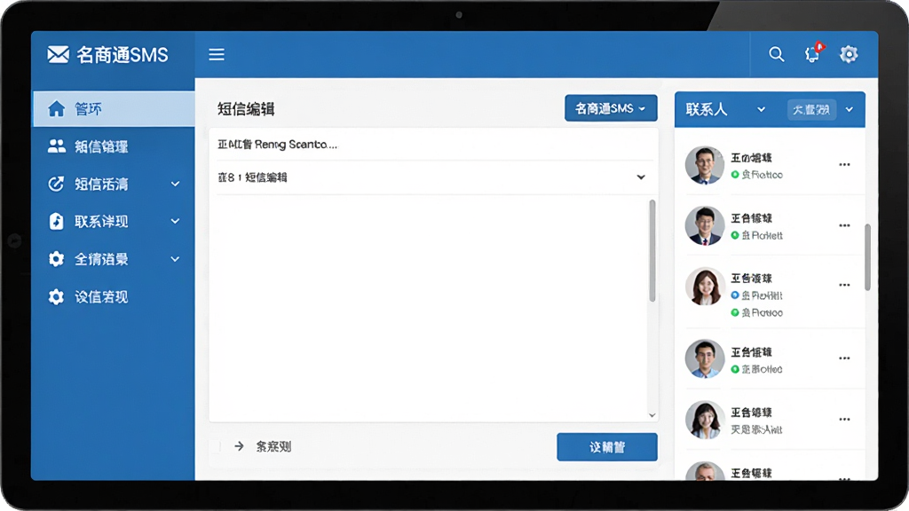 名商通SMS主界面展示,左侧功能导航栏,中间为短信编辑区域,右侧显示联系人列表,整体采用蓝白配色,扁平化设计风格,界面干净整洁,画质清晰,无多余元素