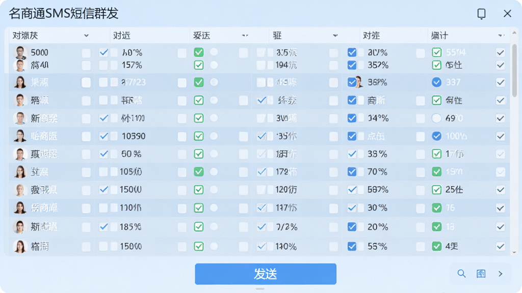 名商通SMS短信群发界面,显示大量联系人列表,勾选状态,底部有发送按钮,背景为淡蓝色,界面简洁,数据清晰,画质高,干净无多余元素