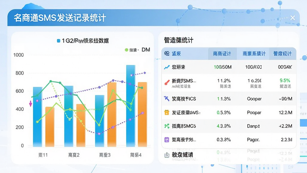 名商通SMS发送记录统计界面,显示柱状图和列表数据,色彩明亮,数据可视化,画质清晰,无多余元素