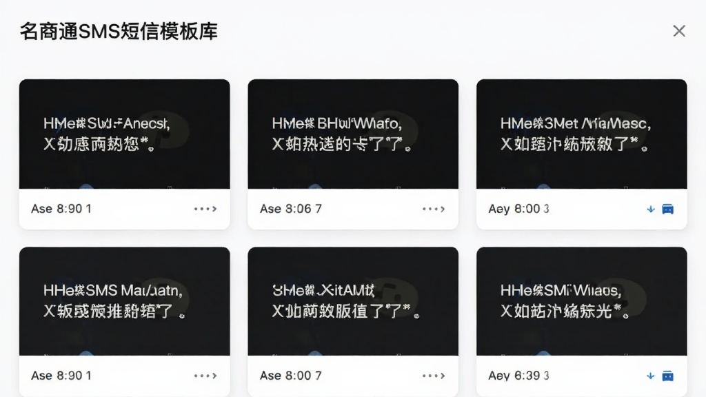 名商通SMS短信模板库界面,展示多个模板卡片,每个卡片有示例文字,风格简约,背景白色,布局整齐,画质清晰,无多余元素