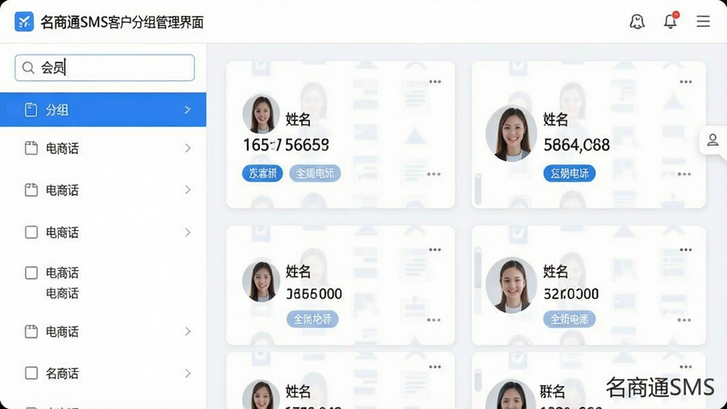 主体:名商通SMS客户分组管理界面截图风格;布局:左侧为分组列表,右侧为联系人卡片;排版:卡片式布局,清晰易读;风格:简约商务风,白色背景配蓝色点缀;细节:卡片显示姓名、电话和标签,顶部搜索框输入“会员”,界面右下角有“名商通SMS”水印;画质:高清UI设计,干净无多余元素