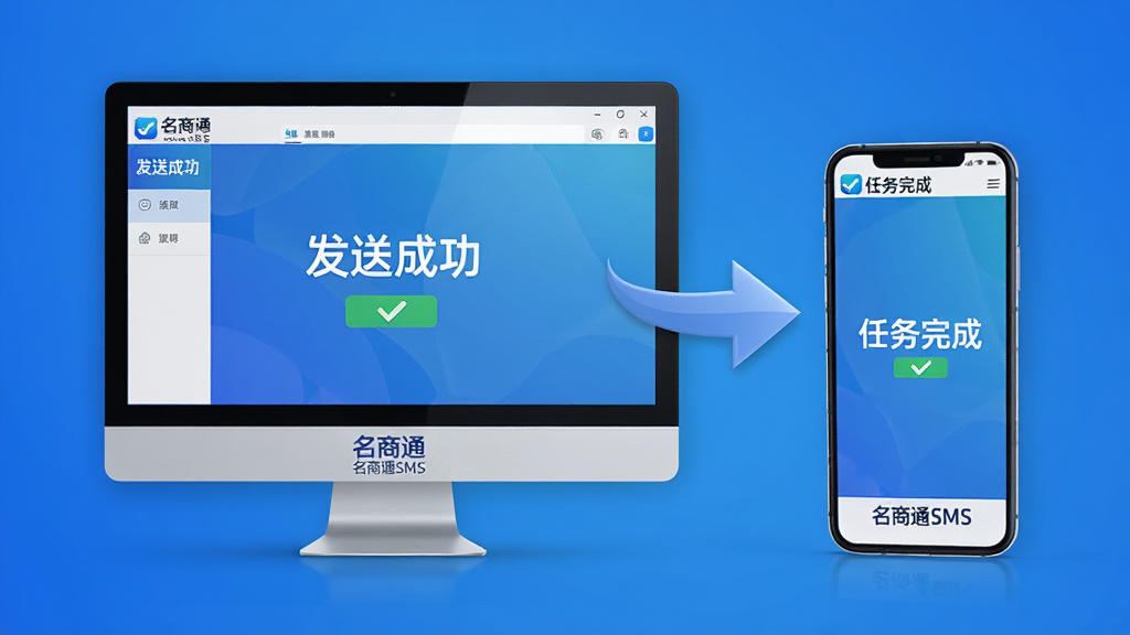 主体:手机和电脑同时显示名商通SMS软件界面;布局:左电脑右手机,中间有同步箭头;排版:横向对称,背景为蓝色渐变;风格:商务科技感,3D渲染;细节:电脑屏幕显示“发送成功”字样,手机屏幕显示“任务完成”,底部有“名商通SMS”Logo;画质:干净无多余元素,高清画质