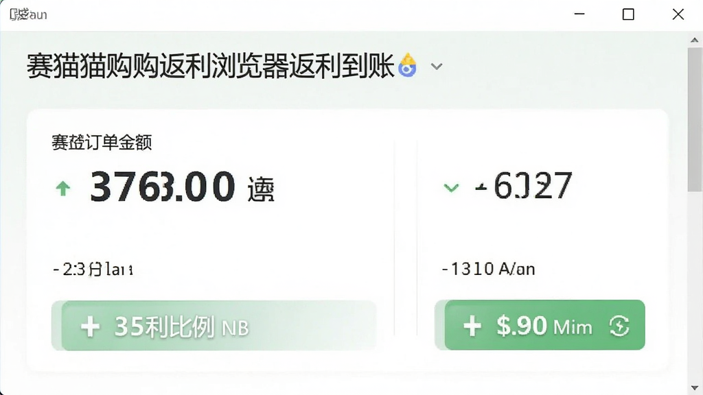 赛猫购购返利浏览器返利到账界面截图,显示订单金额、返利比例和到账余额,界面设计简洁清爽,数据清晰可见,画质干净,无多余元素