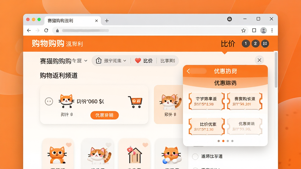 赛猫购购返利浏览器主界面预览图,展示浏览器窗口内嵌购物返利频道、比价工具条与优惠券弹窗,整体布局简洁明亮,以橙色和白色为主色调,图标清晰,画质干净,无多余元素