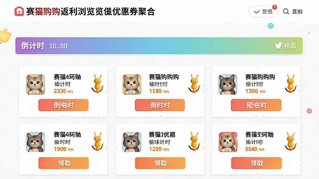 赛猫购购返利浏览器优惠券聚合页面预览,展示各类商品优惠券列表,配有倒计时和领取按钮,页面布局整齐,色彩活泼,画质干净,无多余元素