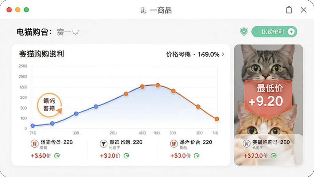 赛猫购购返利浏览器比价功能示意图,展示同一商品在不同电商平台的售价对比图表,配有价格曲线和最低价标识,界面简洁直观,画质干净,无多余元素