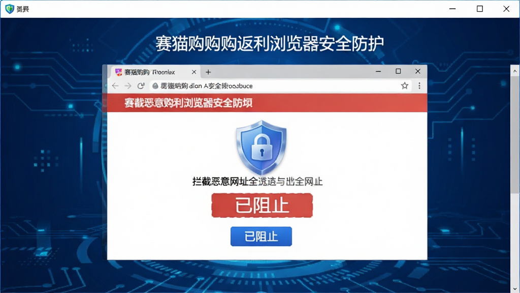 赛猫购购返利浏览器安全防护界面,展示拦截恶意网址的警告页面,配有盾牌图标和“已阻止”字样,背景为蓝色科技感风格,画质干净,无多余元素