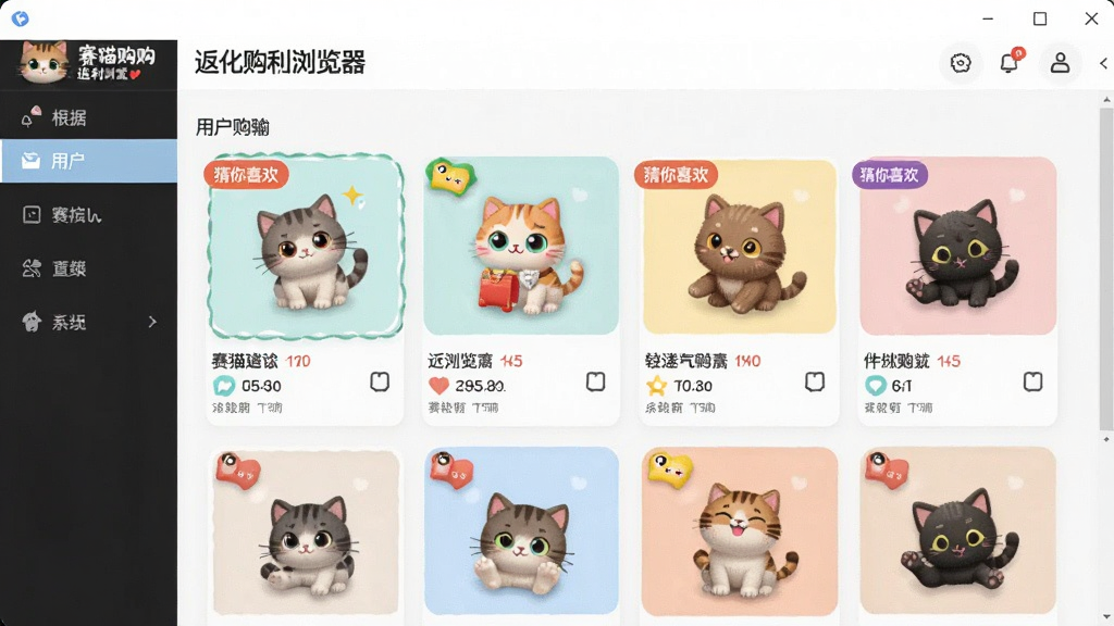 赛猫购购返利浏览器个性化购物频道界面,展示根据用户喜好推荐的商品卡片,配有“猜你喜欢”标签,布局清新活泼,画质干净,无多余元素