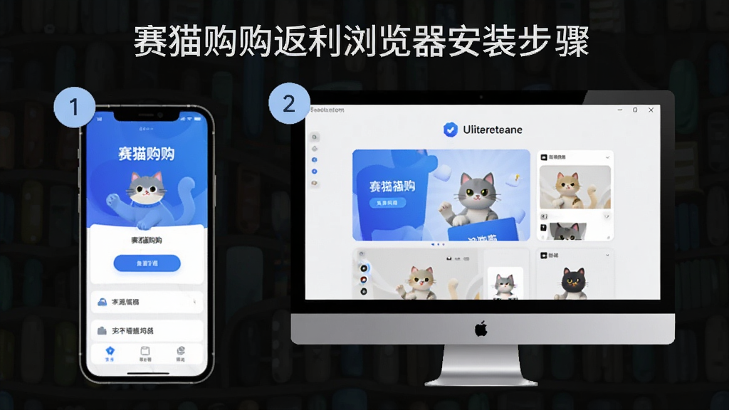 赛猫购购返利浏览器安装步骤示意图,展示手机和电脑上的安装界面,配有步骤编号,画质干净,无多余元素