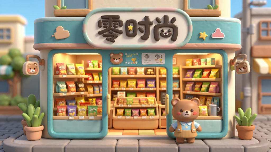 画面中央是一家温馨可爱的零食店外观,招牌写着“零时尚”,店内货架摆满五彩缤纷的零食,门口有卡通小熊迎宾,整体明亮通透,卡通渲染风格,细节丰富,画质干净无多余元素。