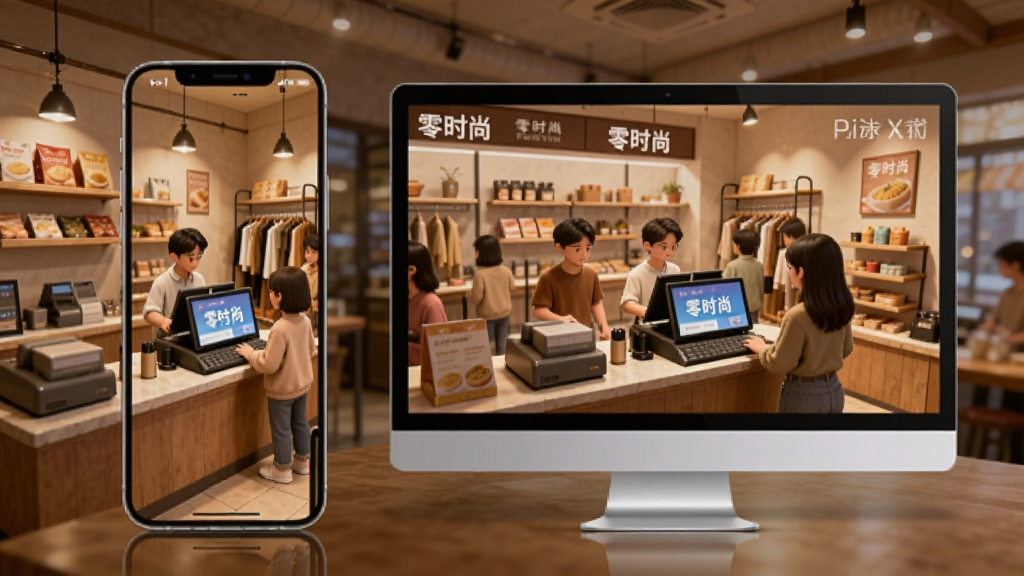 手机和电脑并排显示游戏画面,画面中店铺经营繁忙,顾客排队结账,收银台屏幕显示“零时尚”,背景温馨,画面清晰,适合做教程配图。