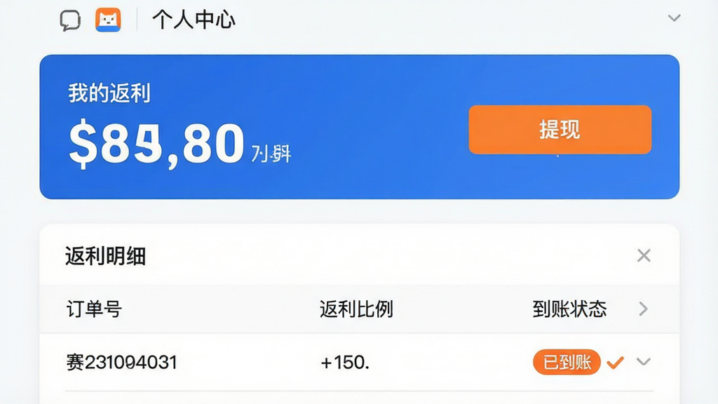 主体:赛猫购购返利浏览器的个人中心页面,显示“我的返利”金额和提现按钮。布局:页面顶部为余额卡片,下方为返利明细列表。排版:余额数字用大号字体突出显示,提现按钮为橙色。风格:简洁商务,蓝白配色。细节:明细列表中显示“订单号”、“返利比例”、“到账状态”,有一笔订单标记“已到账”。画质:高清,干净,无多余元素。