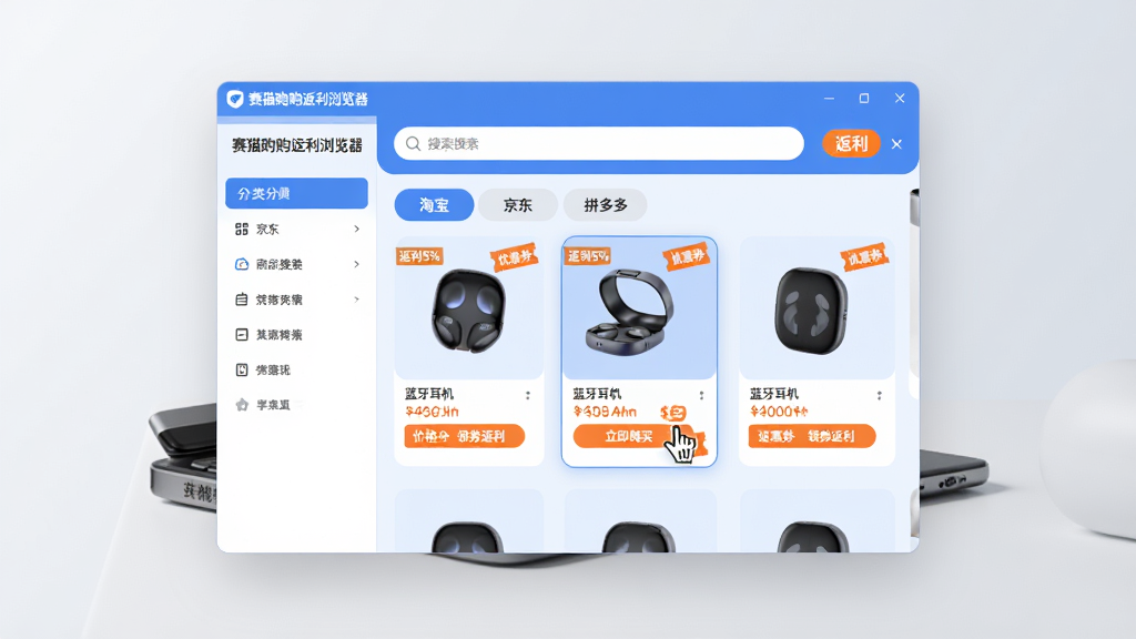 主体:一款名为“赛猫购购返利浏览器”的软件界面悬浮在电子产品上方,界面显示商品列表和返利金额。布局:软件窗口居中,四周留白,背景为浅灰色渐变。排版:软件界面内部分为左右两栏,左侧为分类导航,右侧为商品卡片,顶部有搜索框和“返利”标签。风格:现代简约,扁平化设计,配色以蓝白为主,点缀橙色返利标识。细节:商品卡片上标注“返利5%”、“优惠券”字样,鼠标指针悬停在“立即购买”按钮上。画质:高清渲染,干净,无多余元素。】
<h3>核心特色</h3><h4>一键搜索全网优惠券</h4><p>赛猫购购返利浏览器内置强大的聚合搜索功能,只需在搜索框输入商品名称,即可瞬间抓取淘宝、京东、拼多多等主流电商平台的优惠券和隐藏折扣信息。无需逐个平台切换比对,大大节省了您挑选商品的时间成本,让省钱变得简单高效。</p>[[IMG:主体:赛猫购购返利浏览器搜索界面,输入“蓝牙耳机”后展示多个平台商品结果。布局:搜索框位于顶部,下方为商品瀑布流。排版:每个商品卡片包含图片、名称、价格和“领券返利”按钮。风格:清新自然,卡片圆角设计,背景为淡蓝色。细节:搜索结果上方有“淘宝”、“京东”、“拼多多”标签页,其中一个商品高亮显示返利金额。画质:画面细腻,色彩明亮,干净,无多余元素。