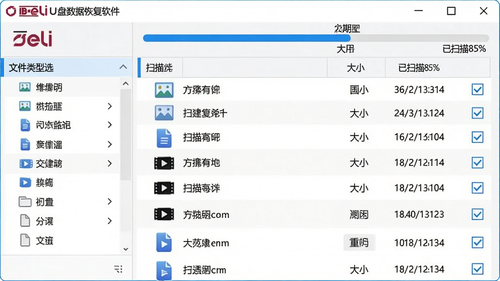 主体:得力U盘数据恢复软件运行界面,展示扫描结果分类。布局:左侧为文件类型筛选栏,右侧为文件列表,顶部为扫描进度条。排版:列表分栏清晰,文件名、大小、日期对齐。风格:清爽浅色背景,蓝色强调色。细节:文件类型图标如照片、文档、视频,扫描进度条显示“已扫描85%”,列表中有勾选复选框。画质:细腻,干净,无多余元素。