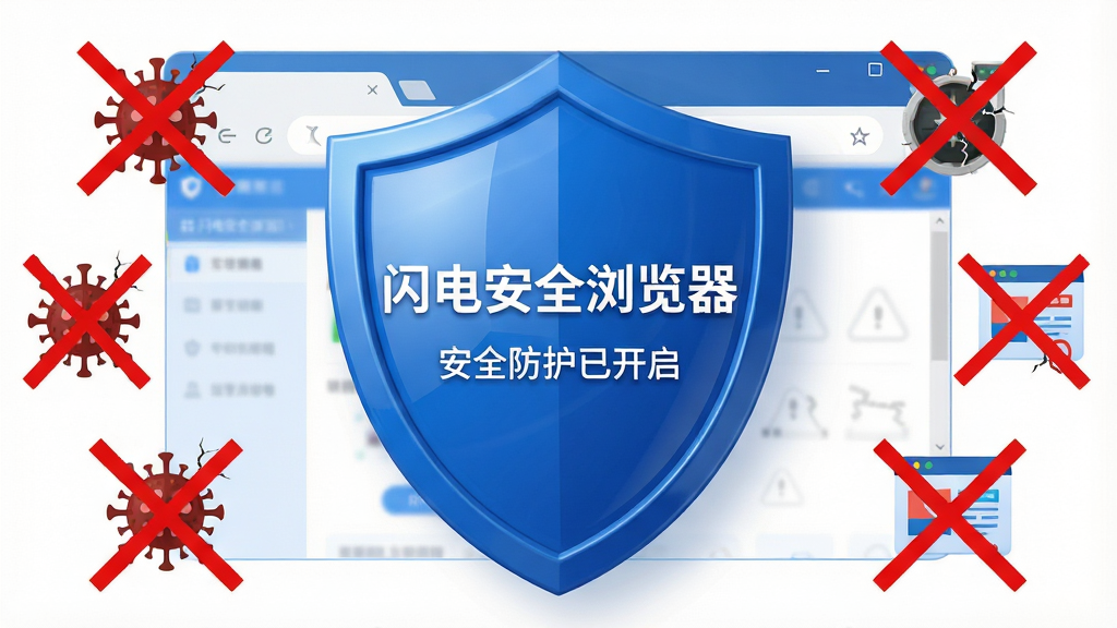 主体:闪电安全浏览器的安全防护界面,一个巨大的蓝色盾牌覆盖在浏览器窗口上,周围有病毒、木马、钓鱼网站的图标被红色叉号拦截;布局:盾牌居中,浏览器窗口在盾牌后方半透明显示,危险图标散落在四周被隔离;排版:盾牌上有“闪电安全浏览器”字样,下方有“安全防护已开启”提示;风格:写实与扁平结合,蓝白主色,警示红色点缀;细节:盾牌表面有光泽,危险图标有裂纹效果;画质:4K超清,画面干净,无多余元素