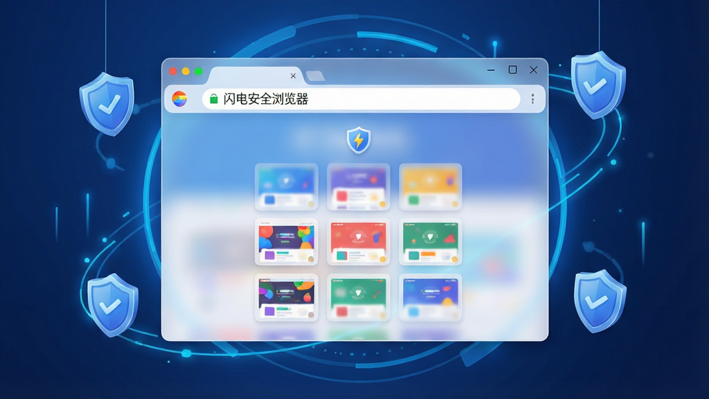 主体:闪电安全浏览器的主界面展示在电脑屏幕中央,浏览器窗口半透明毛玻璃质感,地址栏有闪电图标,页面加载出彩色网页缩略图;布局:浏览器窗口居中,周围环绕简约的蓝色科技光效与漂浮的安全盾牌图标;排版:浏览器界面清晰,地址栏在上方,下方是九宫格快捷导航;风格:现代扁平化结合微拟物,色调以蓝白为主,明亮干净;细节:地址栏显示“闪电安全浏览器”字样,盾牌上有对勾,网页缩略图色彩丰富;画质:8K超清,细节丰富,干净无多余元素