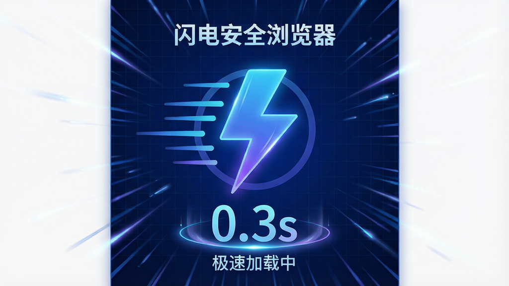 主体:闪电安全浏览器的极速加载界面,屏幕中央有一个巨大的闪电符号,周围有速度线条和数字“0.3s”计时;布局:闪电符号居中,背景是深蓝色科技网格,速度线从中心向外辐射;排版:简洁,闪电符号上方有“闪电安全浏览器”文字,下方有“极速加载中”字样;风格:科技感十足,蓝紫渐变色调;细节:计时器数字清晰,速度线带有光晕效果;画质:高清渲染,干净无多余元素