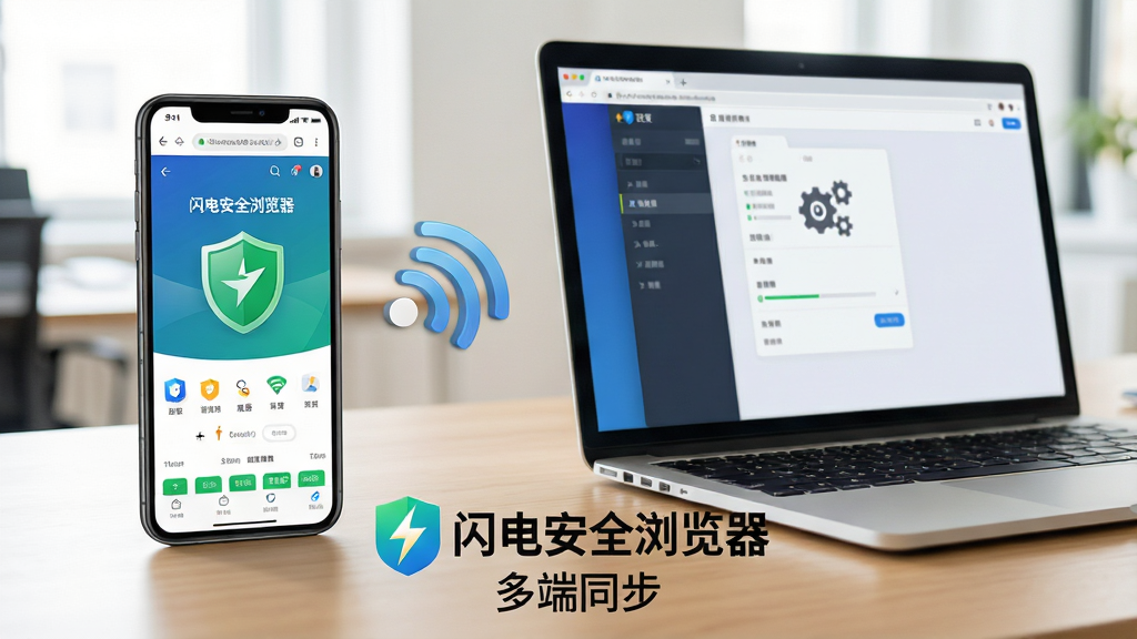 主体:手机与电脑并排展示闪电安全浏览器的使用场景,手机屏幕上显示浏览器主界面,电脑屏幕显示设置选项;布局:左侧手机,右侧笔记本电脑,中间有无线网络连接符号;排版:画面下方有“闪电安全浏览器”标志和“多端同步”字样;风格:现实风格,明亮办公环境,木色桌面;细节:手机屏幕有绿色安全盾牌,电脑屏幕有设置齿轮图标;画质:高清摄影质感,干净无多余元素