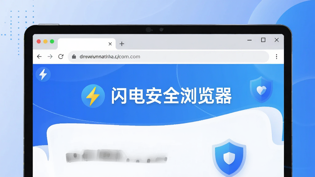 一幅现代感的浏览器界面宣传图,主体为电脑屏幕中显示的“闪电安全浏览器”主窗口,布局简洁,地址栏突出,界面以蓝白渐变为主色调,风格科技感强,细节包括闪电图标和防护盾标识,画质清晰,干净无多余元素