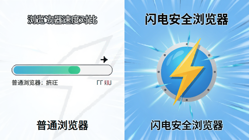 一张展示浏览器速度对比的示意图,左侧为普通浏览器加载进度条,右侧为“闪电安全浏览器”瞬间完成加载的效果,背景为速度线条,布局左右对称,风格扁平化,细节突出闪电标志,画质干净