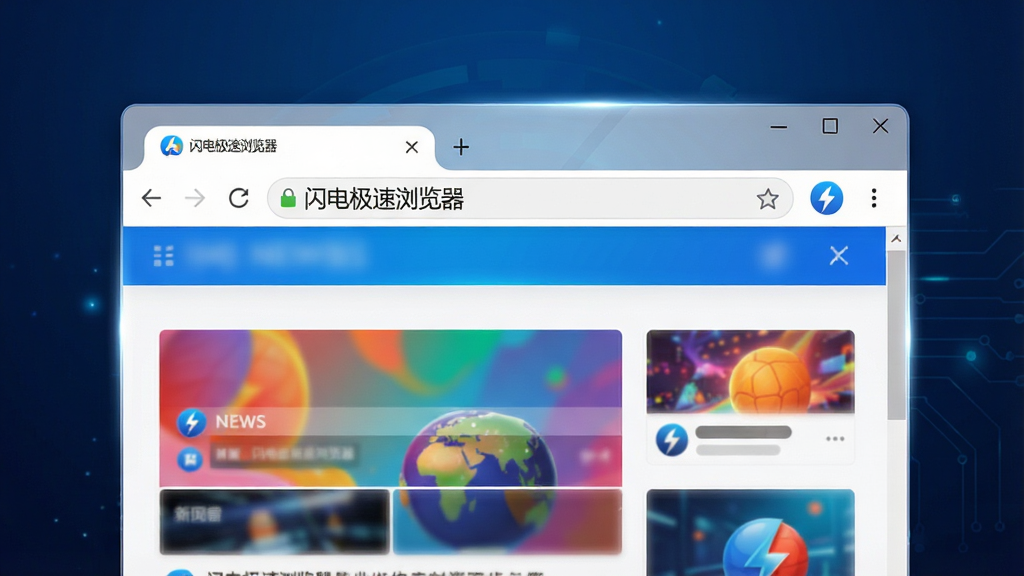 主体:闪电极速浏览器主界面展示,居中显示一个简洁现代的浏览器窗口,窗口内打开一个色彩丰富的新闻资讯页面,地址栏输入框有“闪电极速浏览器”字样。布局:浏览器窗口占据画面中心约70%区域,背景为深蓝色科技感渐变,窗口四周有轻微光晕。排版:界面元素排列整齐,标签栏在顶部,地址栏下方为网页内容缩略图。风格:科技感、简洁、明亮,色彩鲜艳。细节:地址栏右侧有一个闪电形状的图标,窗口边缘有细腻的高光反射。画质:8K超高清,干净,无多余元素。
