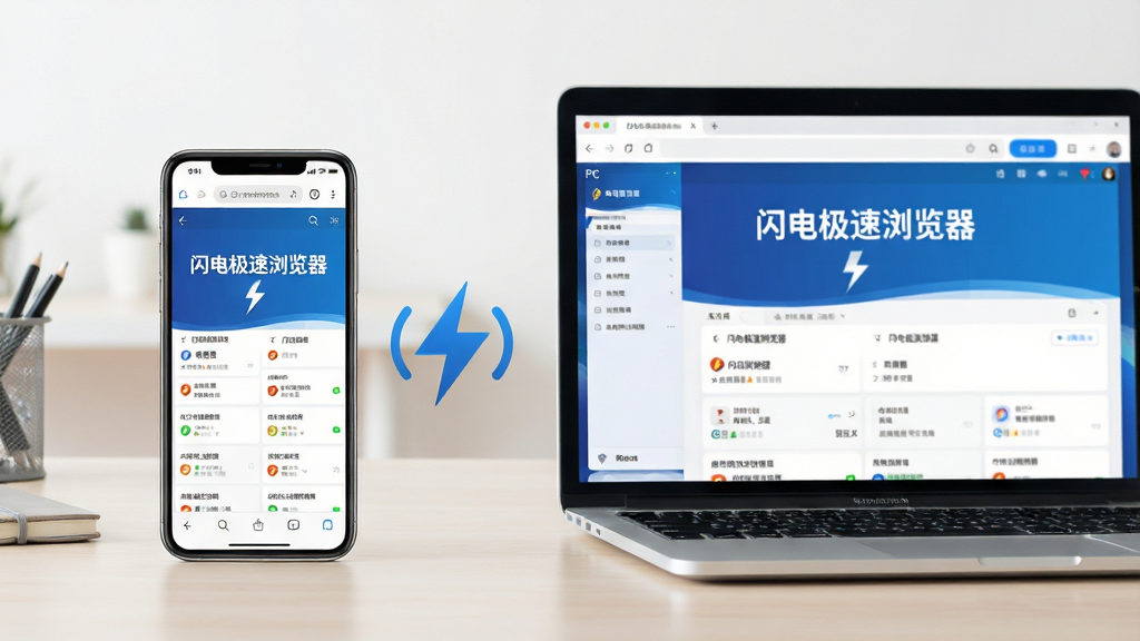 主体:闪电极速浏览器使用场景,画面中央一部智能手机和一台笔记本电脑并排摆放,手机屏幕显示浏览器移动端界面,电脑屏幕显示浏览器PC端界面,两者界面风格统一。布局:手机在左侧,电脑在右侧,中间有一个闪电形状的无线连接图标。排版:设备摆放整齐,背景为浅色办公桌面。风格:商务、简洁、明亮。细节:手机和电脑屏幕中均显示“闪电极速浏览器”字样,界面元素清晰可见。画质:8K超高清,干净,无多余元素。