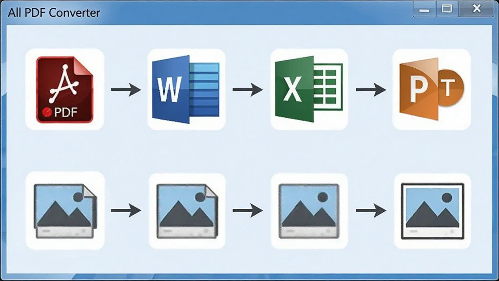 展示All PDF Converter转换格式选择界面的截图,界面中列出PDF、Word、Excel、PPT、图片等图标,中间有箭头连接,背景为淡蓝色,软件名称