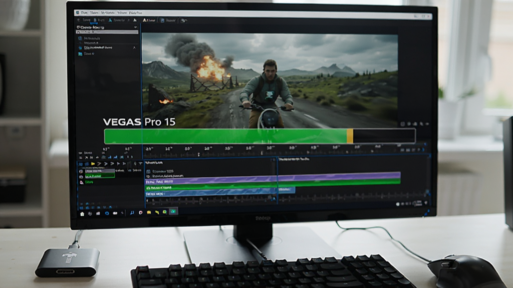 画面主体为电脑屏幕显示VEGAS Pro 15渲染输出进度条,背景是完成的高清视频画面,屏幕前有键盘和鼠标,桌面上有移动硬盘。布局为屏幕特写,渲染进度条清晰可见。风格为实用教程风格,光线自然,画质清晰,无多余元素。