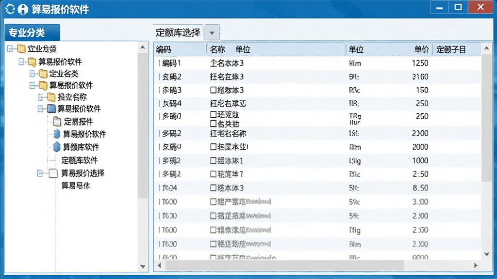 算易报价软件的定额库选择界面,左侧为专业分类树,右侧为定额子目列表,包含编码、名称、单位、单价等字段,界面简洁,数据清晰,蓝白配色,画质干净。