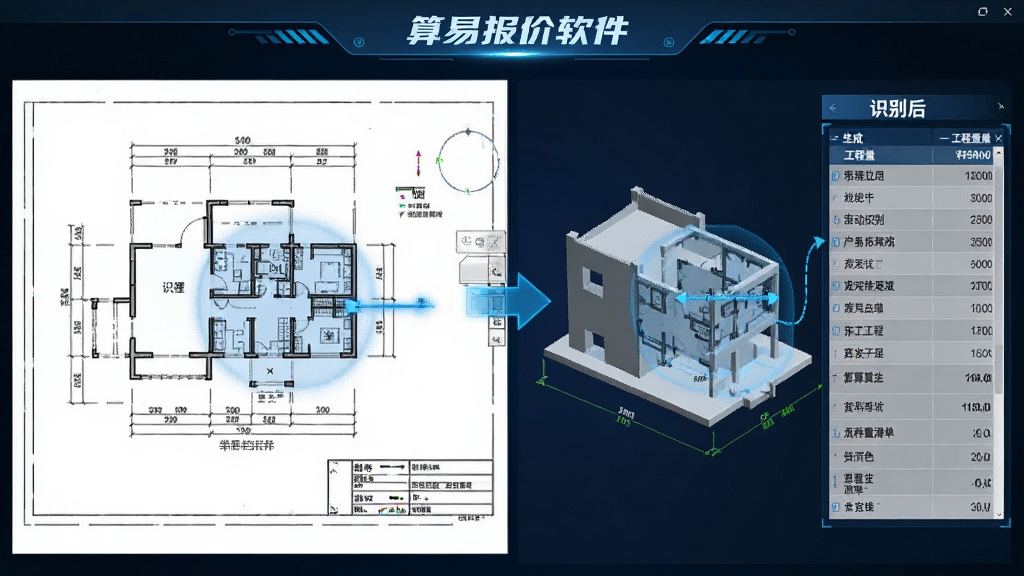 展示算易报价软件自动识别CAD图纸并生成工程量清单的过程,左侧为原始图纸,右侧为识别后的三维模型与工程量列表,界面有蓝色高亮标注,整体风格科技感强,画质清晰,无多余元素。