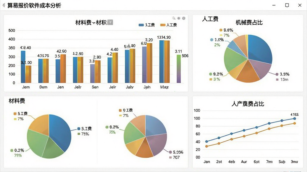 算易报价软件的成本分析图表界面,包含柱状图、饼图、折线图等多种图表,展示材料费、人工费、机械费等占比,界面色彩丰富但协调,数据标注清晰,画质干净。