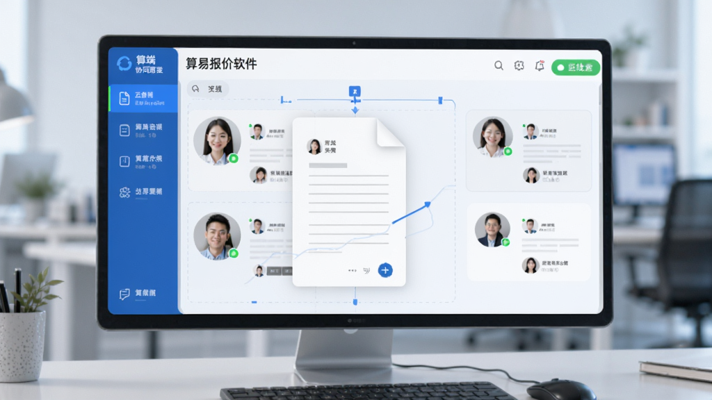 算易报价软件的云端协同操作界面,显示多个用户头像实时同步编辑文件,界面有绿色在线状态标识,整体风格现代,蓝白配色,科技感十足,画质干净。