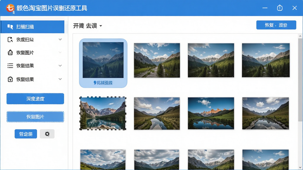 主体:七彩色淘宝图片误删还原工具主界面,展示扫描进度与恢复结果列表。布局:左侧为功能导航栏,右侧为图片预览区,顶部为菜单栏。排版:简洁清晰,功能按钮排列有序。风格:现代扁平化设计,主色调为蓝色与白色。细节:界面包含“深度扫描”、“恢复图片”等按钮,图片缩略图清晰可见。画质:高清,干净,无多余元素。
