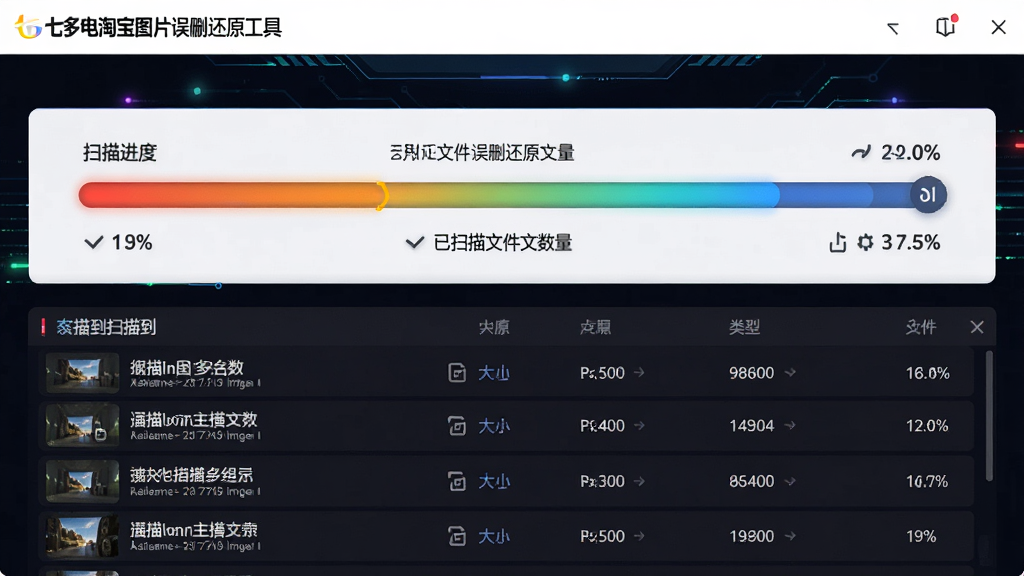 主体:七彩色淘宝图片误删还原工具正在进行深度扫描的界面。布局:中央显示扫描进度条与已扫描文件数量,下方实时滚动扫描到的图片文件列表。排版:信息层级分明,进度条醒目。风格:科技感风格,深色背景搭配亮色数据流。细节:扫描到的图片文件显示文件名、大小、类型,进度条显示百分比。画质:高清,干净,无多余元素。