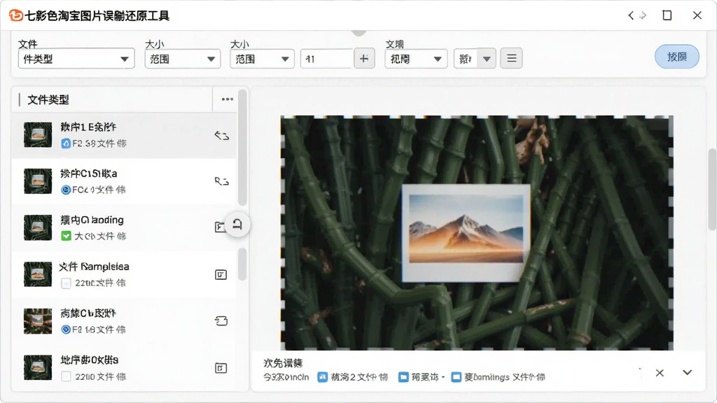 主体:七彩色淘宝图片误删还原工具的图片预览与筛选界面。布局:上方为筛选条件栏,下方左侧为文件列表,右侧为预览大图。排版:列表与预览联动,操作直观。风格:简洁商务风,白底灰框。细节:筛选条件包括文件类型、大小范围,预览区显示图片详细信息。画质:高清,干净,无多余元素。