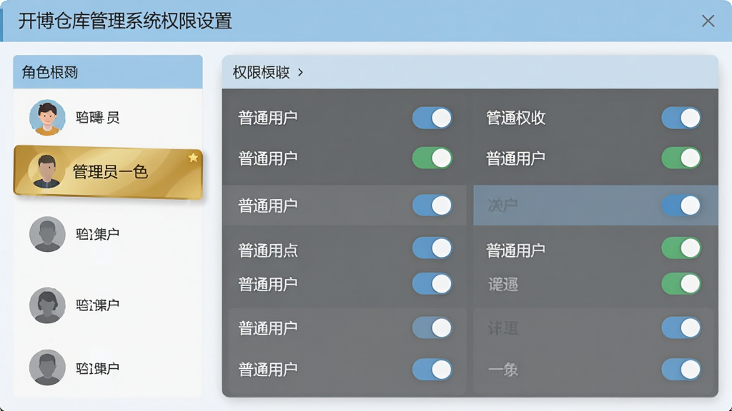 主体:开博仓库管理系统权限设置界面,多个用户头像与权限选项。布局:左侧为角色列表,右侧为权限勾选面板。排版:权限项按模块分组,开关式设计。风格:扁平化,浅蓝与灰色搭配。细节:管理员角色有金色标识,普通用户为灰色。画质:清晰,干净,无多余元素。