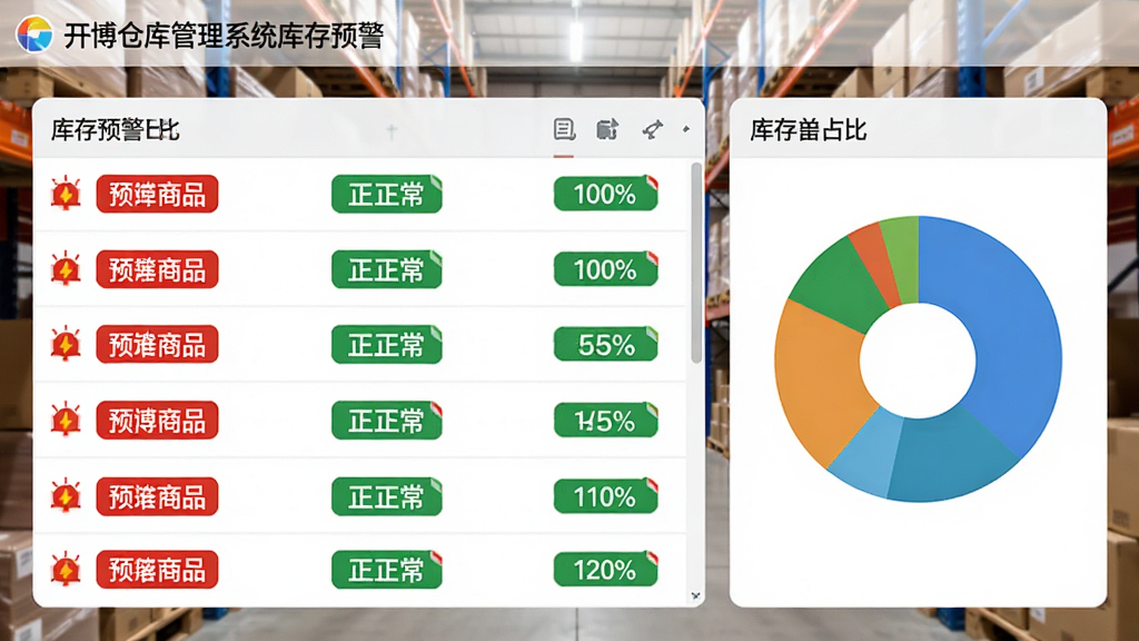 主体:开博仓库管理系统库存预警界面,仓库货架背景。布局:前景显示库存预警列表,右侧为统计饼图。排版:预警商品用红色标签突出,正常商品用绿色标签。风格:写实与扁平结合,色彩鲜明。细节:预警条目有闪烁提示图标,图表显示库存占比。画质:高清,干净,无多余元素。