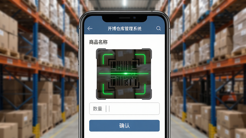 主体:开博仓库管理系统在手机上的操作界面,显示扫码入库功能。布局:手机屏幕居中,周围有仓库货架背景虚化。排版:手机界面显示商品名称、数量输入框和确认按钮。风格:写实与扁平结合,色彩自然。细节:扫码框有绿色激光线,界面清晰。画质:高清,干净,无多余元素。