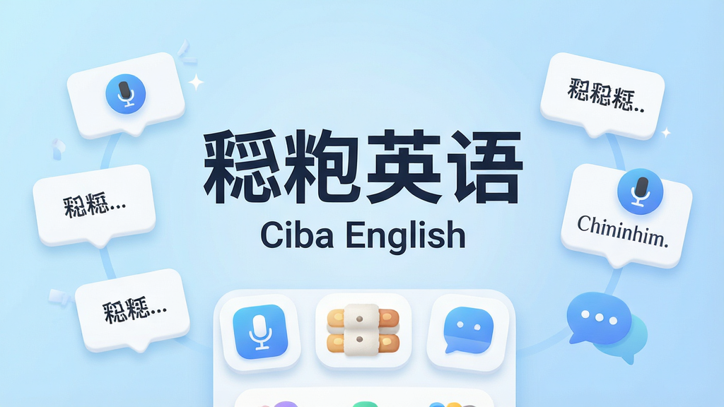 主体:糍粑英语软件界面展示,中央显示“糍粑英语”四个大字及英文“Ciba English”字样,周围环绕单词卡片、麦克风图标、对话气泡等元素;布局:居中对称,软件界面为主体,背景为浅蓝色渐变;排版:软件名作为主标题置于画面中央偏上,下方排列功能图标;风格:现代扁平化设计,清新教育风格;细节:界面圆角卡片,柔和阴影,图标精致,文字清晰;画质:高清渲染,干净整洁,无多余元素