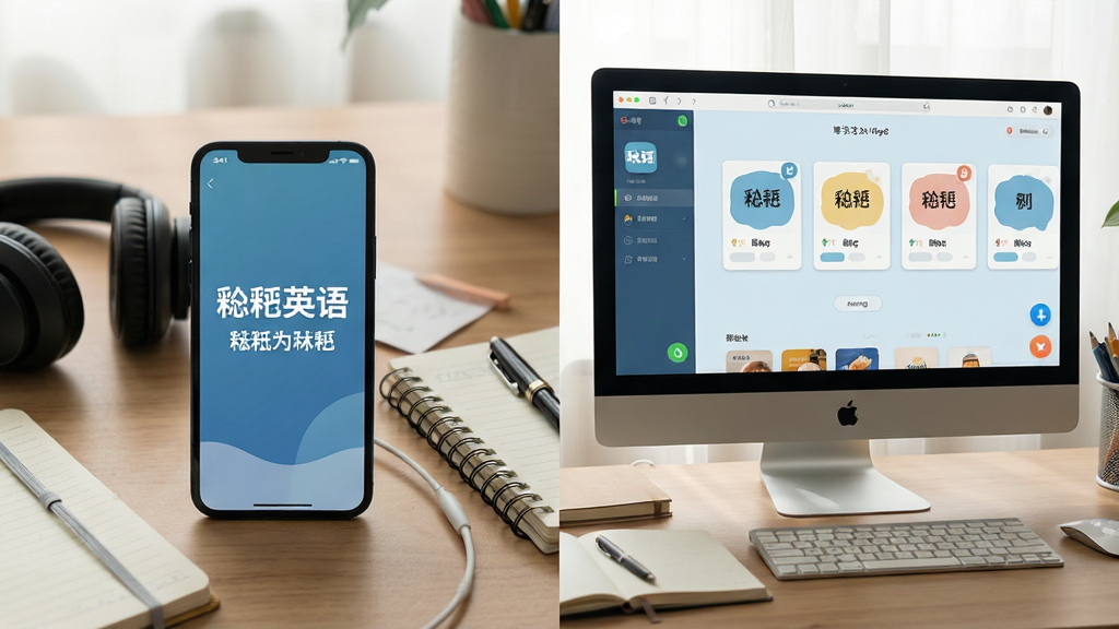 主体:糍粑英语软件在手机与电脑上的使用场景,手机置于桌面,电脑屏幕显示学习界面;布局:左右分屏,左侧手机,右侧电脑;排版:设备居中,周围有耳机、笔记本等学习道具;风格:写实摄影风格,光线柔和;细节:手机屏幕清晰显示“糍粑英语”字样,电脑界面有单词卡片;画质:超清,干净无多余元素