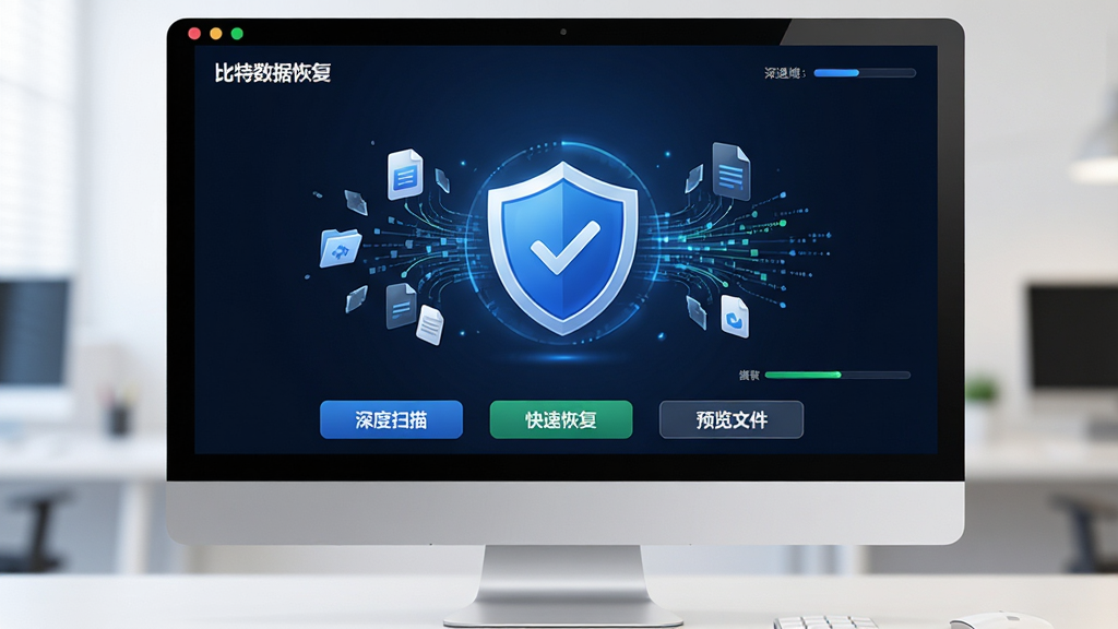 主体为“比特数据恢复”软件主界面展示,一块电脑屏幕中央显示蓝色圆形盾牌图标,周围环绕文件碎片与数据流线条,屏幕下方排列“深度扫描”“快速恢复”“预览文件”按钮,布局简洁,排版居中,风格为现代科技感UI设计,细节包括清晰的功能分区与进度条显示,画质高清干净,无多余元素