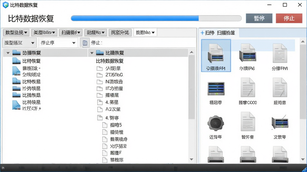 主体为“比特数据恢复”深度扫描界面,左侧显示磁盘分区列表,右侧滚动显示扫描到的文件缩略图,顶部为蓝色进度条与“暂停”“停止”按钮,布局左右分栏,排版规整,风格为专业数据恢复软件界面,细节包含文件类型筛选标签,画质清晰干净,无多余元素